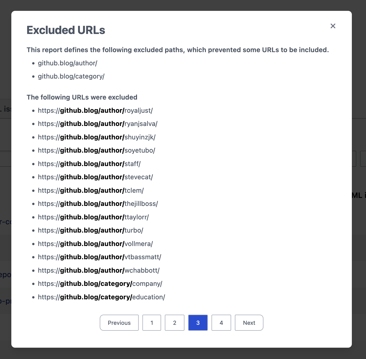 Screenshot of modal with excluded URLs
