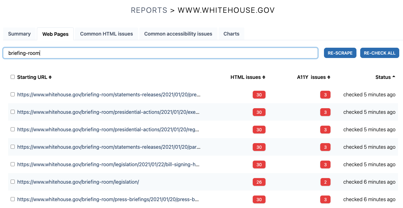 Filtering web pages in a report by URL