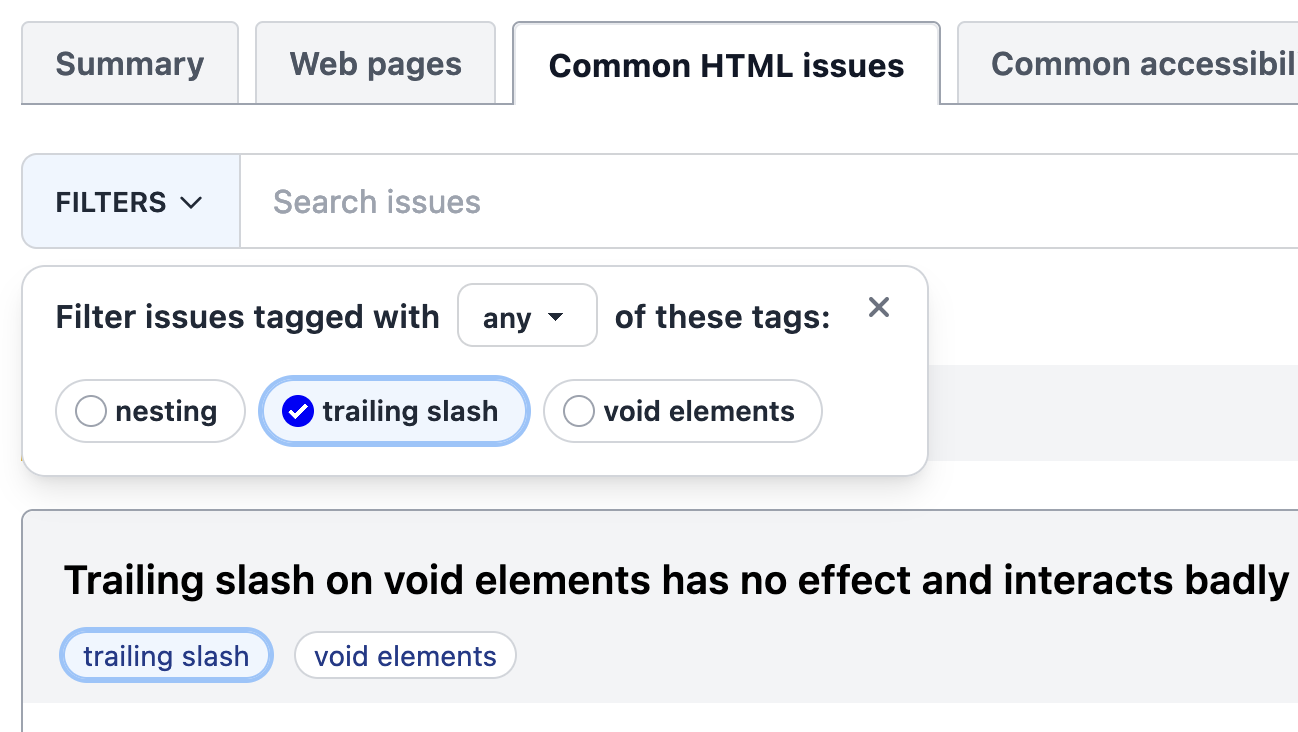 Filtering HTML issues by tag