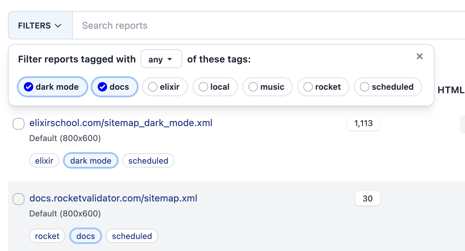 Filtering reports by tag