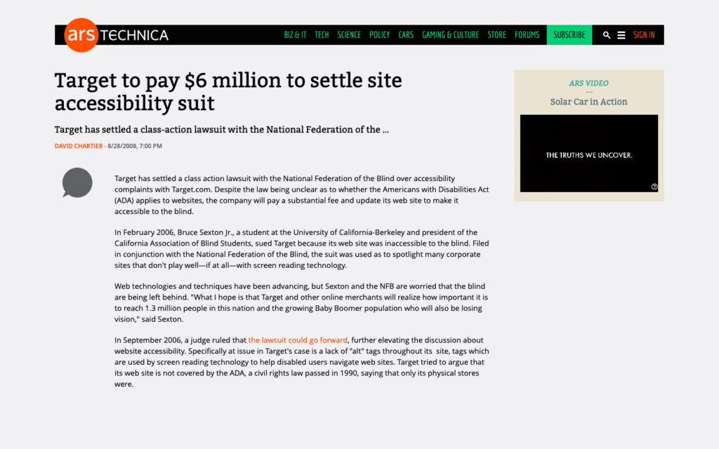 Screenshot do Ars Technica: Target to pay $6 million to settle accessibility suit