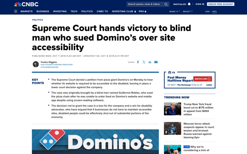 Screenshot of CNBC site: Supreme Court hands victory to blind man who sued Domino's over site accessibility