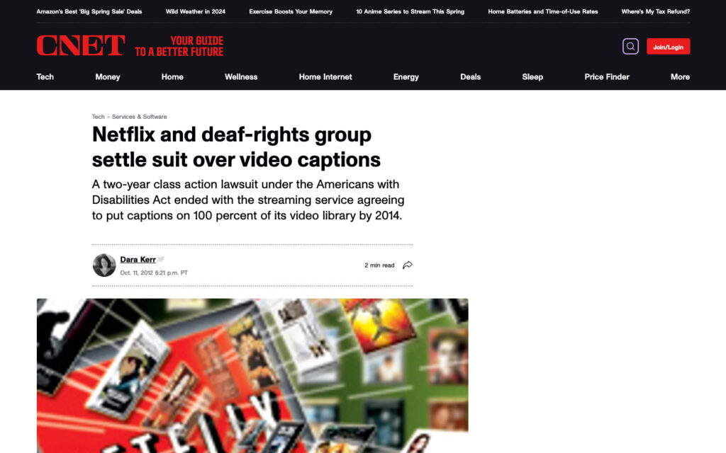 Screenshot of CNET site: Netflix and deaf-rights group settle suit over video captions