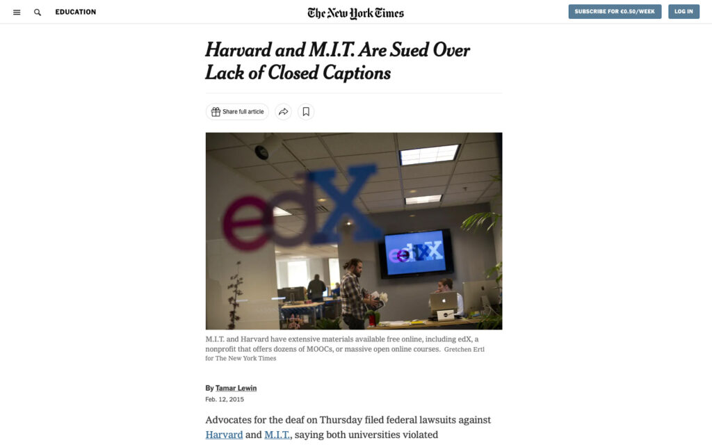 Screenshot of The New York Times: Harvard and MIT are sued over lack of closed captions