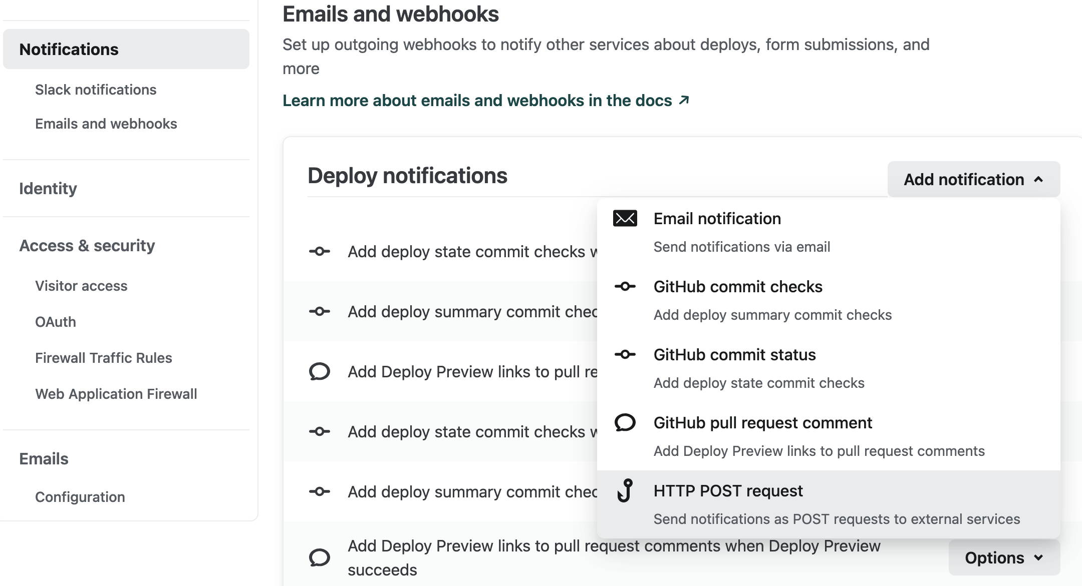 Netlify site configuration page, Notifications section.