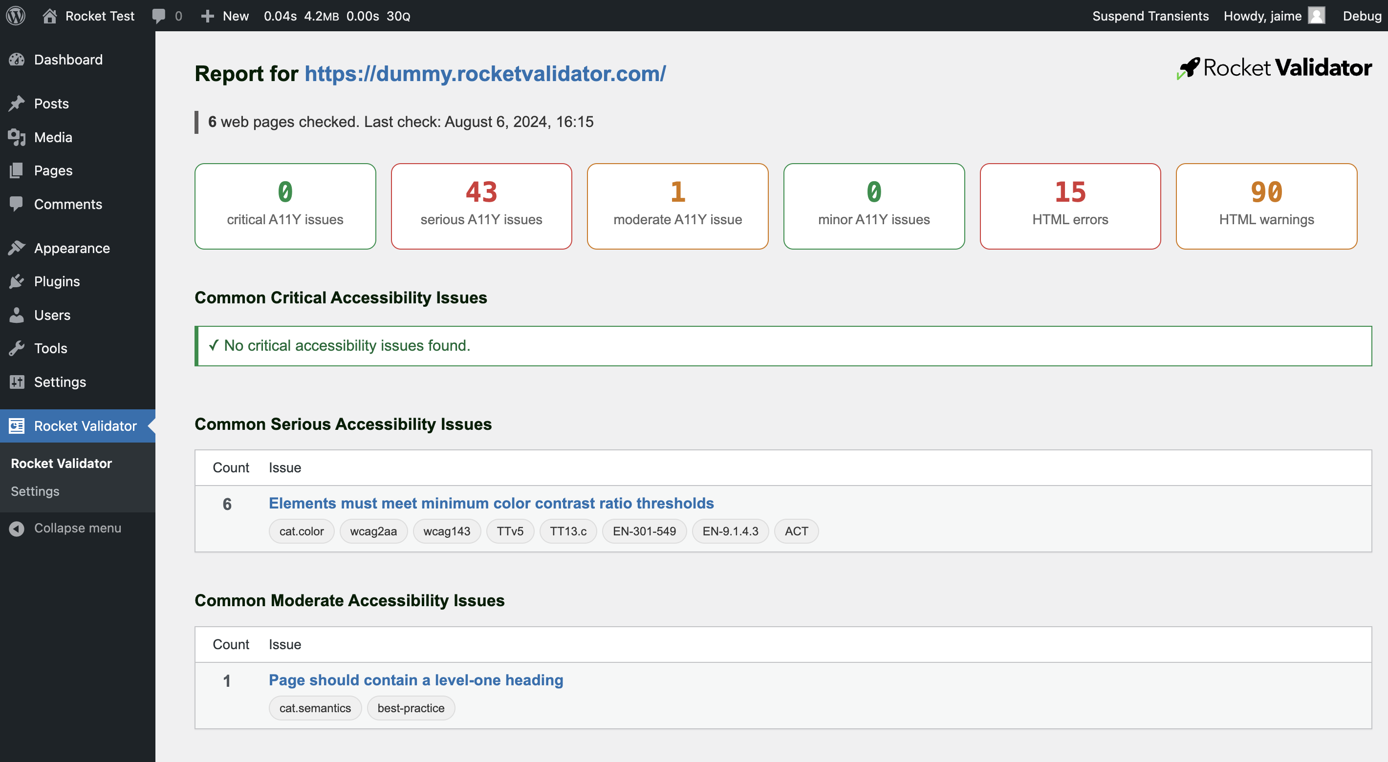 WordPress dashboard with Rocket Validator plugin