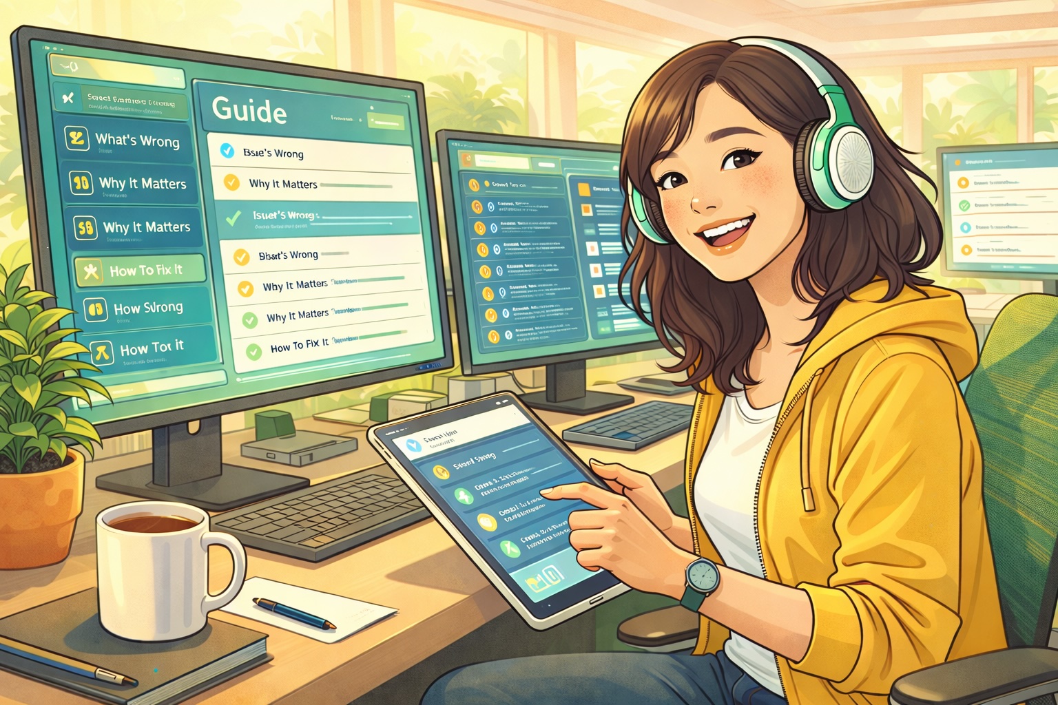 Illustration, a happy developer smiles while working at the computer.