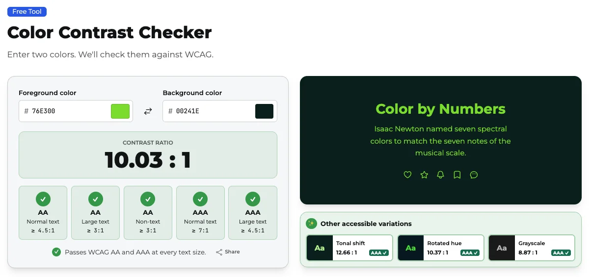 The Rocket Validator Color Contrast Checker showing a foreground and background color, the resulting contrast ratio, WCAG AA and AAA pass/fail badges, and suggested alternative color pairs.