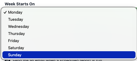 Account preferences showing calendar week start choices for any day of the week