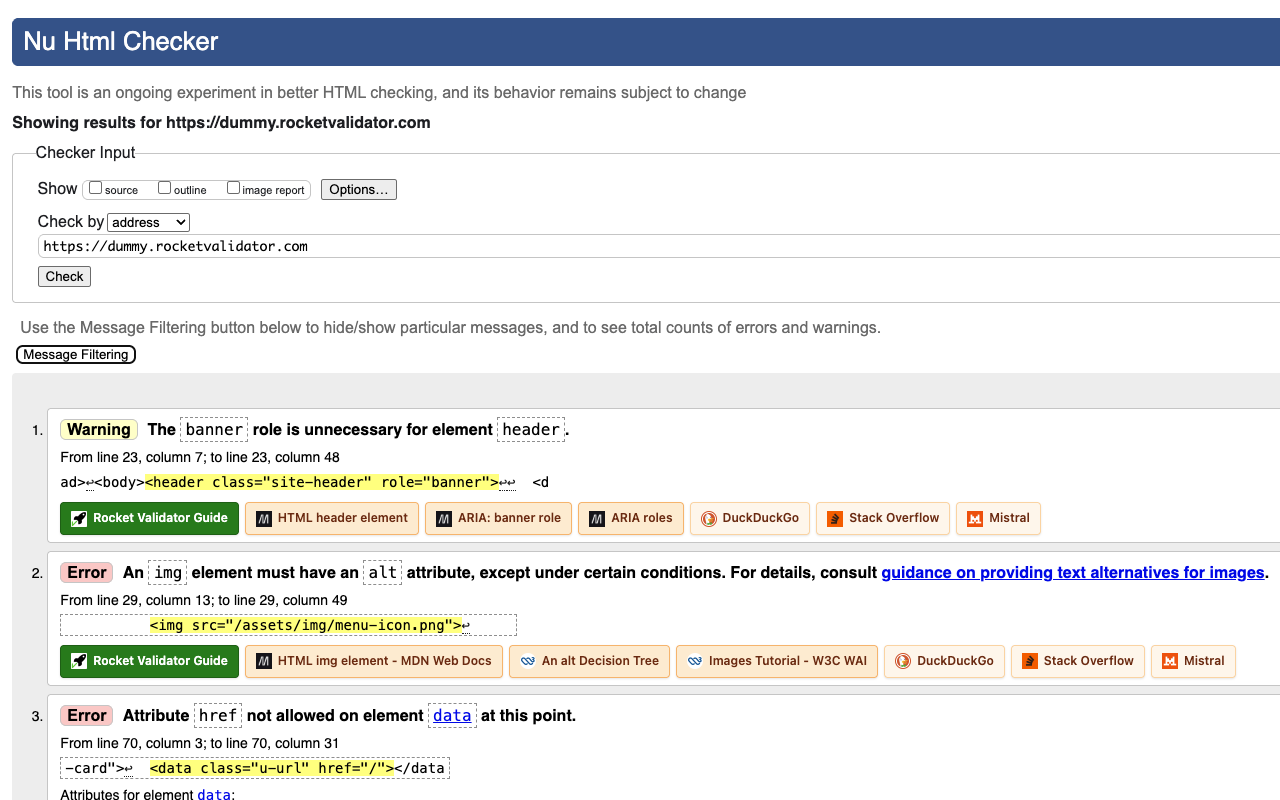 The Nu HTML Checker showing a list of validation issues. Below each issue, the extension has injected a row of helpful buttons: Rocket Validator Guide, MDN, ARIA, DuckDuckGo, Stack Overflow, and Mistral.