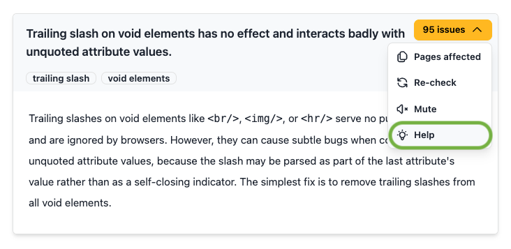 A Rocket Validator report card for the HTML issue 'Trailing slash on void elements has no effect and interacts badly with unquoted attribute values', showing an inline excerpt from the matching guide and an actions menu with Pages affected, Re-check, Mute and Help — with Help highlighted.