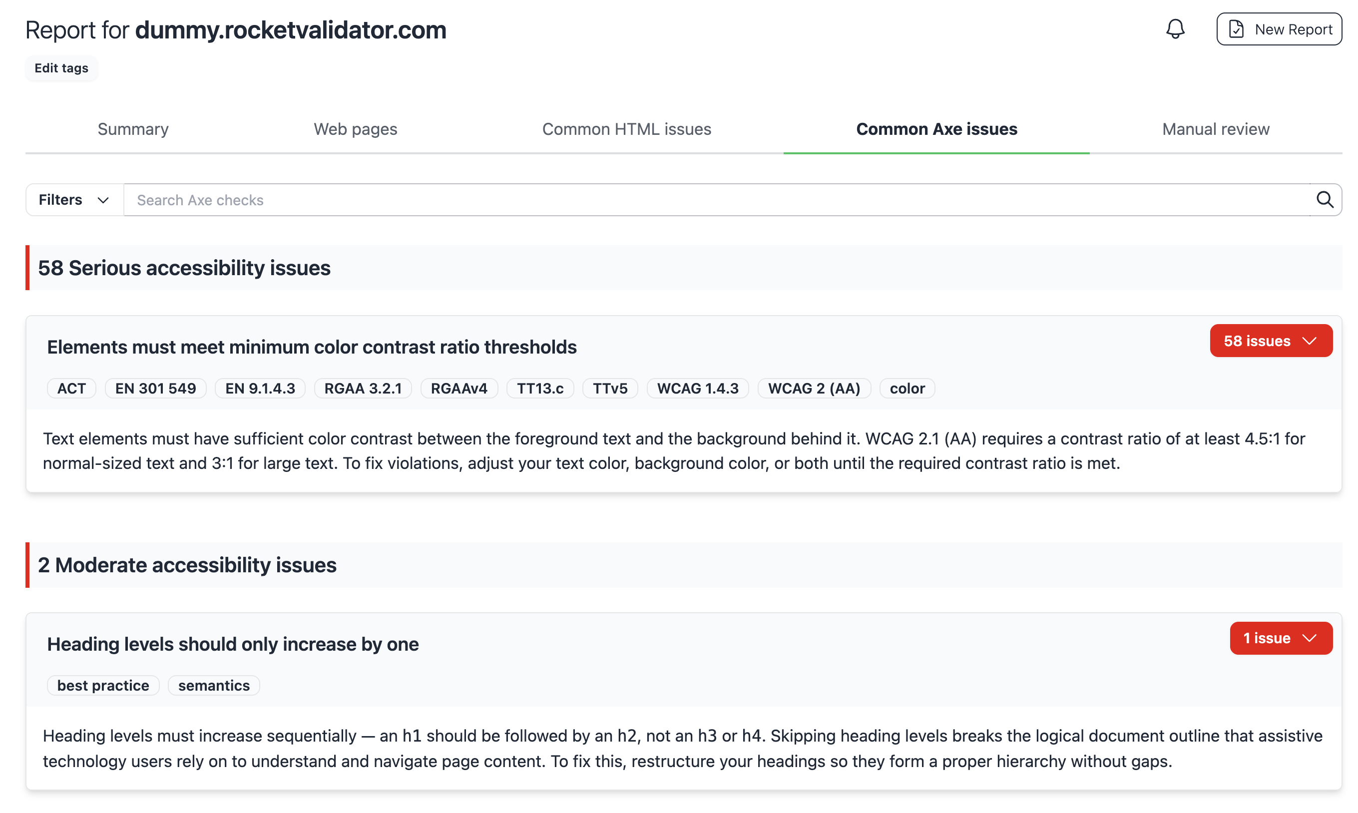 A typical report, with the issues grouped by rule.