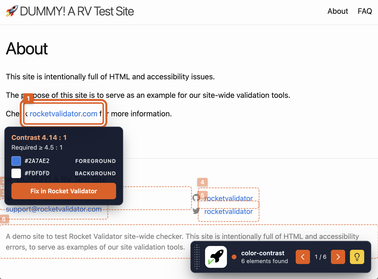 The highlighted page (the About page of the dummy site), with the failing elements outlined and the floating badge visible at the bottom.