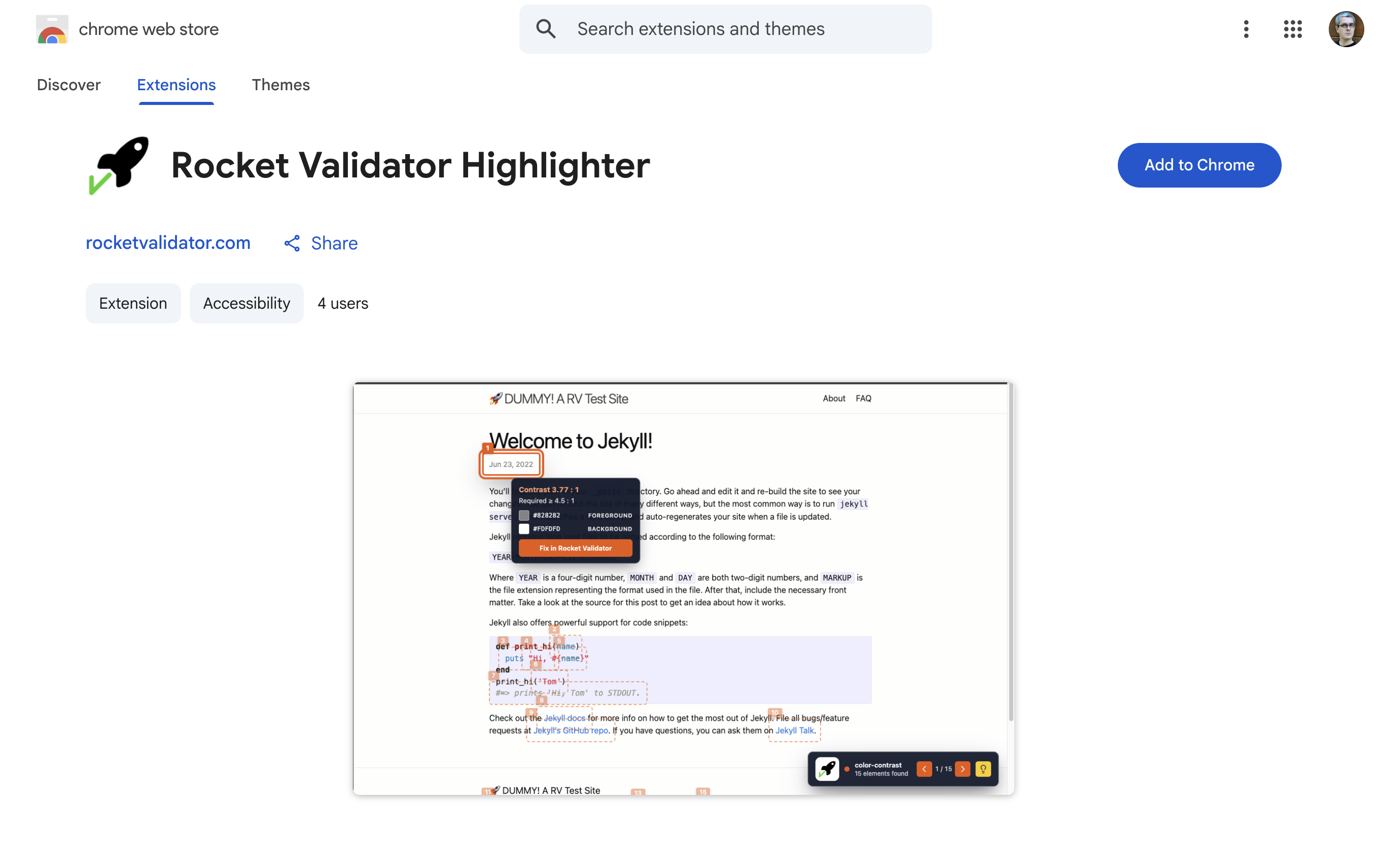 The Rocket Validator Highlighter listing on the Chrome Web Store.