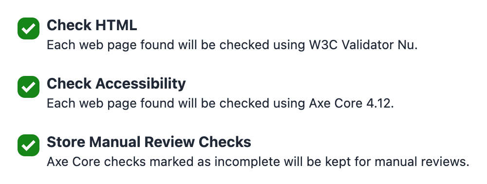 The New Report form check options, with Check HTML, Check Accessibility, and the new Store Manual Review Checks option all ticked. The helper text under the last one reads: Axe Core checks marked as incomplete will be kept for manual reviews.
