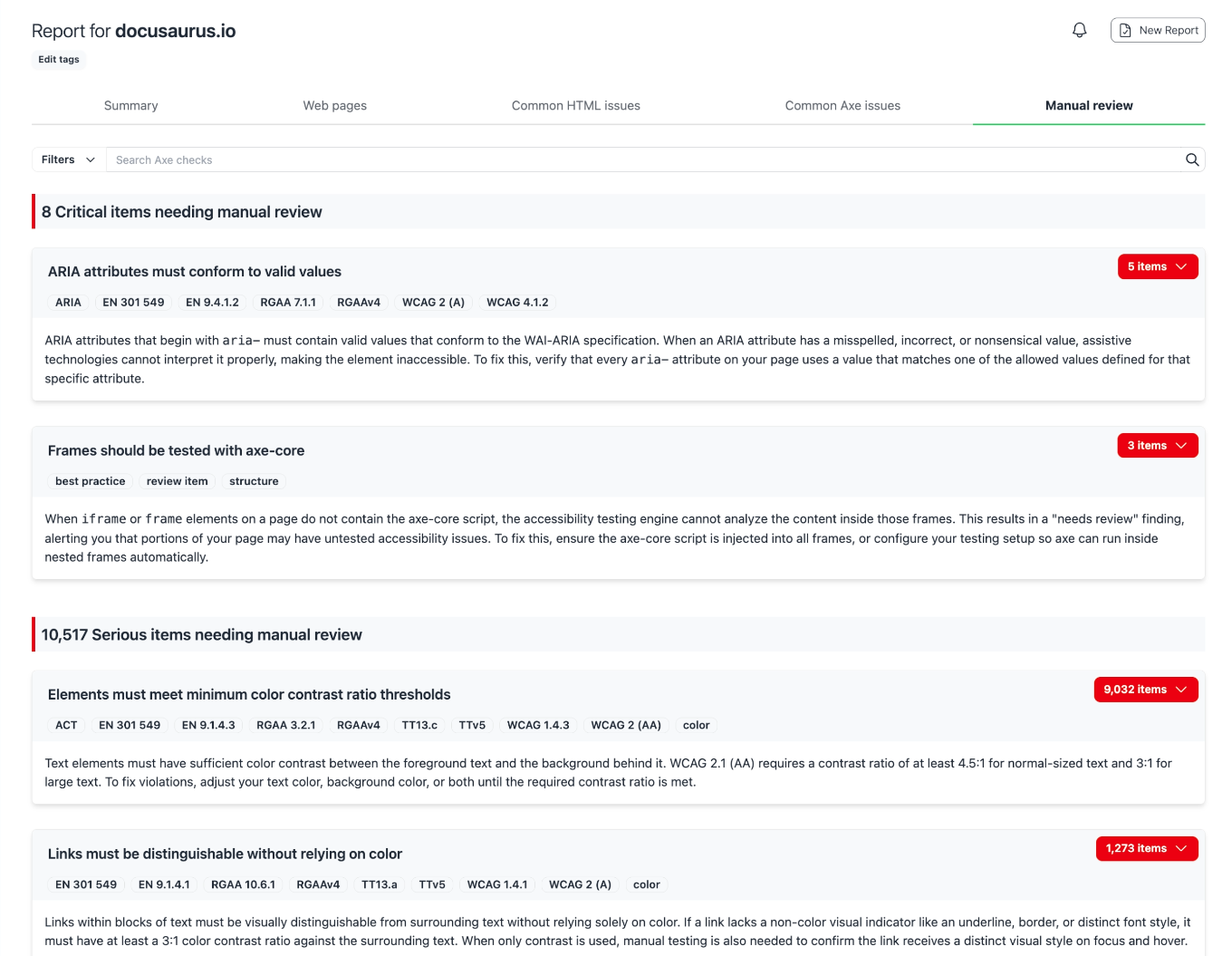 A report with the Manual review tab selected, listing items that need manual review grouped by severity — including 9,032 color contrast checks and 1,273 checks for links that must be distinguishable without relying on color.
