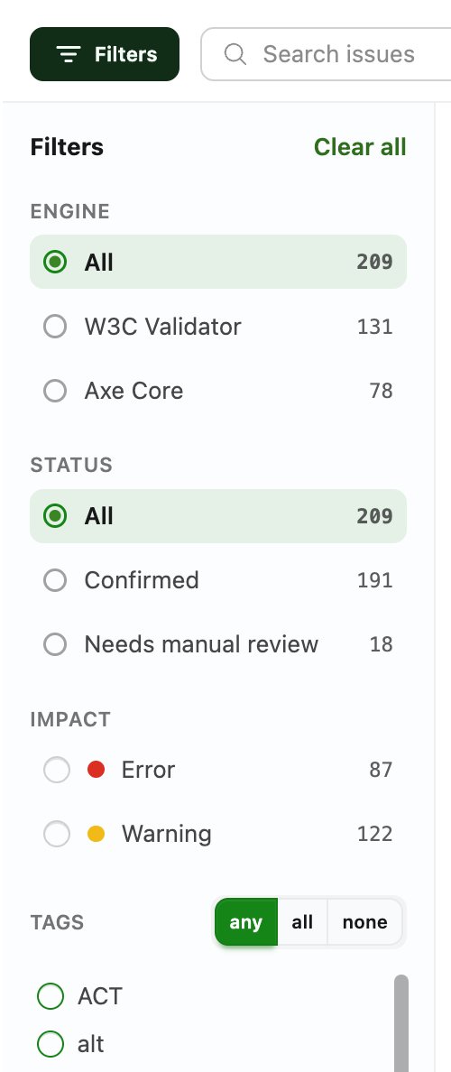 The Issues filters panel, with grouped options for Engine, Status, Impact and Tags. Each option carries a live count — for example 131 issues from W3C Validator and 78 from Axe Core, 191 confirmed and 18 needing manual review, 87 errors and 122 warnings.