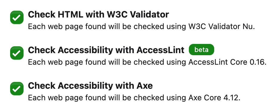 Checkboxes to choose the engines to include on a Rocket Validator report: W3C Validator Nu, AccessLint Core and Axe Core