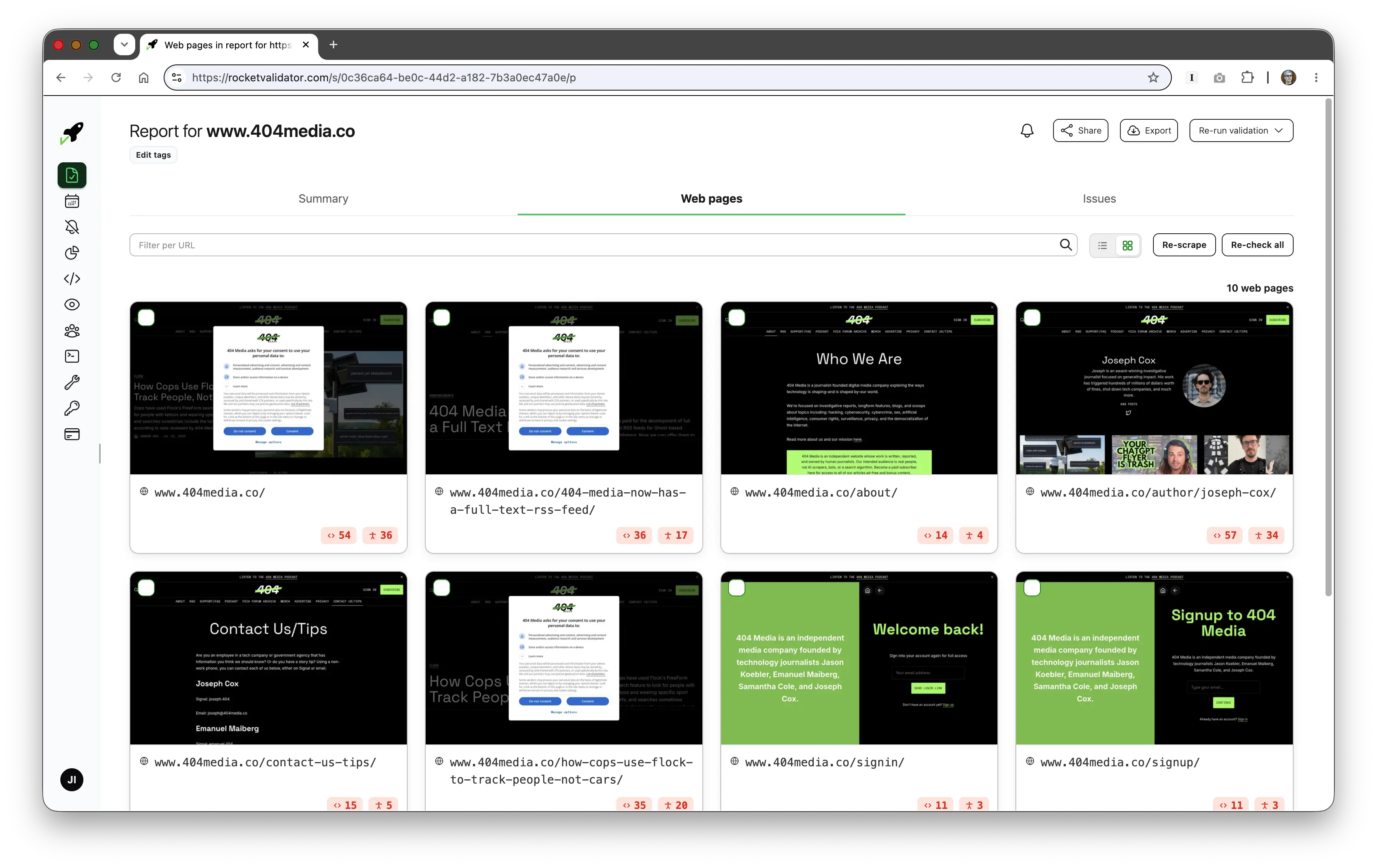 Web Pages grid showing a screenshot for each checked web page