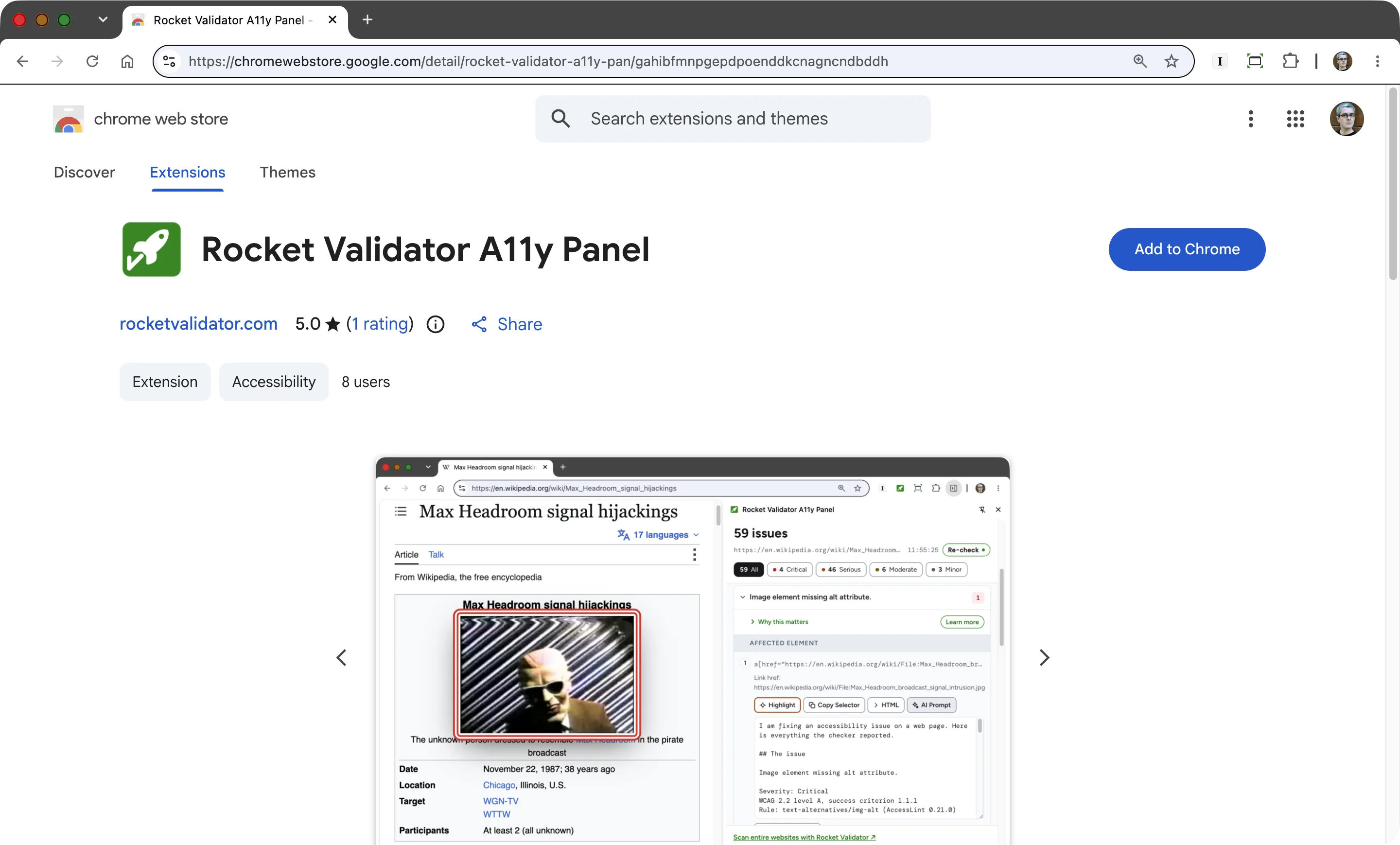 The Rocket Validator A11y Panel listing on the Chrome Web Store, with the Add to Chrome button on the right.