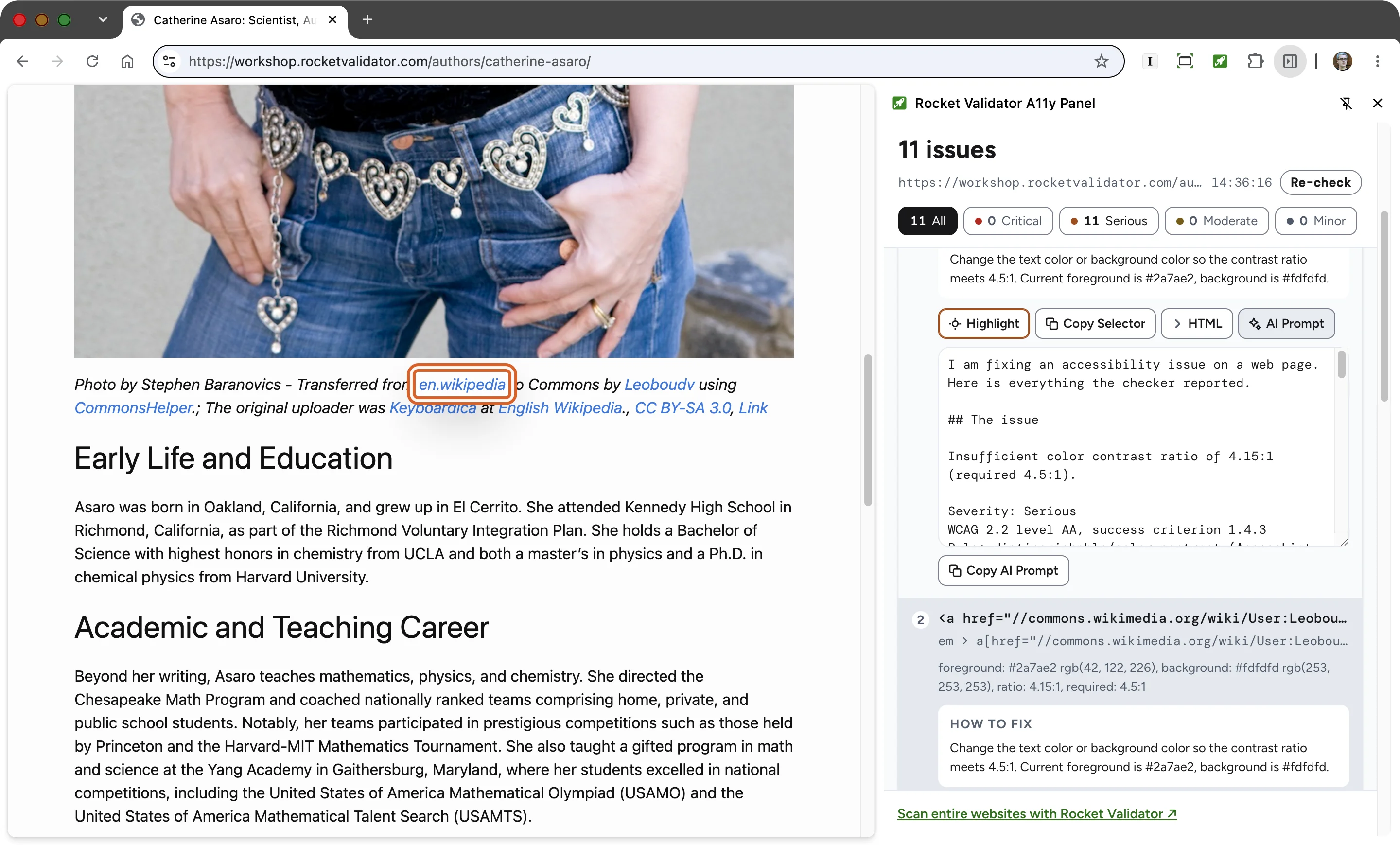 Chrome showing a web page with one of its links outlined. On the right, a panel lists accessibility issues with their explanations, and actions to locate the element and open a guide about the issue.