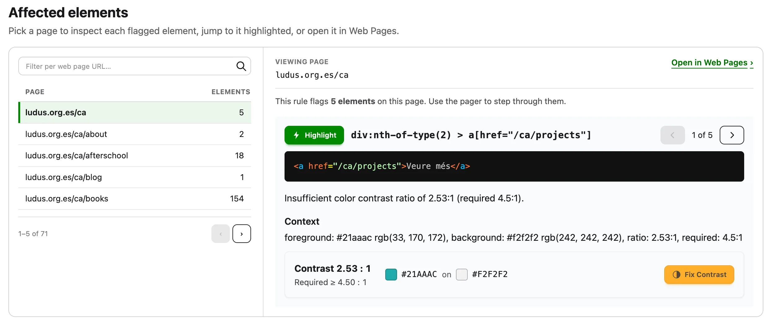 Affected elements viewer