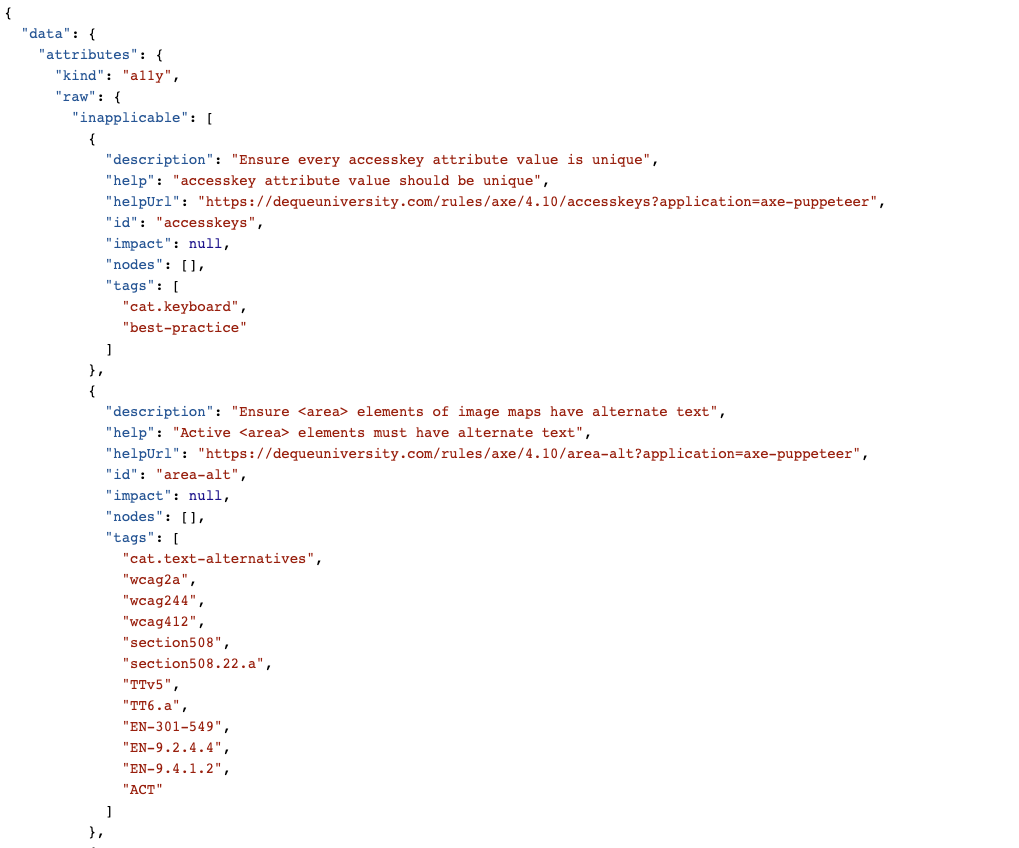 Screenshot of JSON data containing Axe Core checks