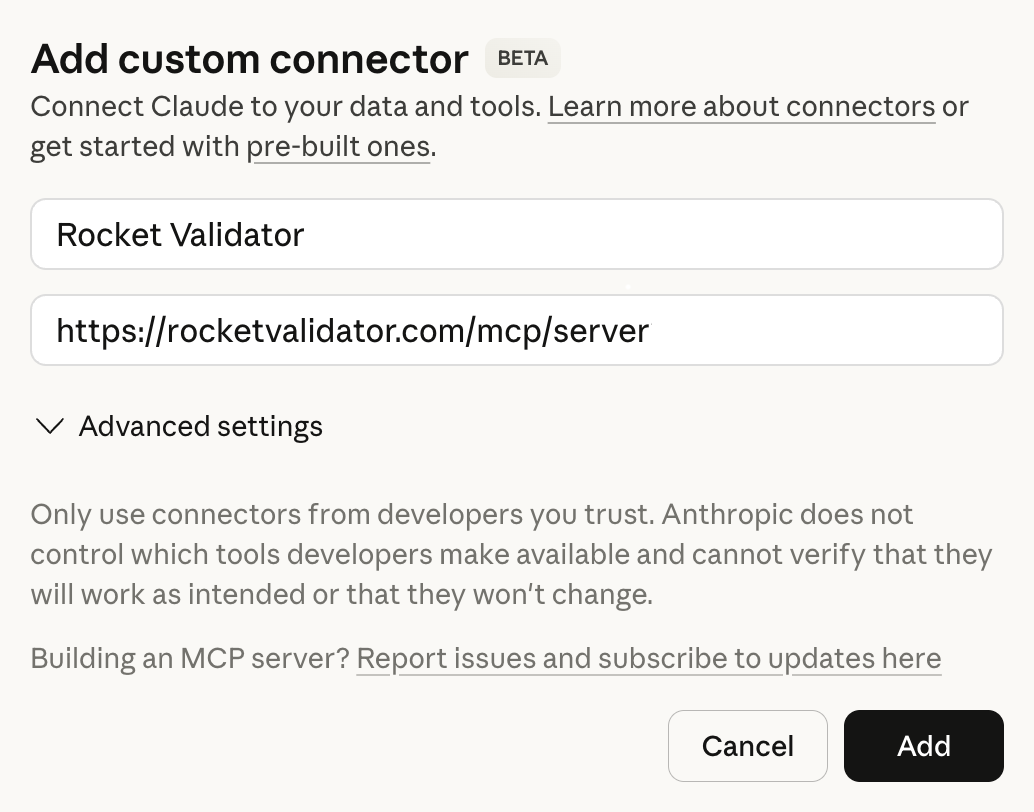 Claude custom connector modal showing name and URL fields