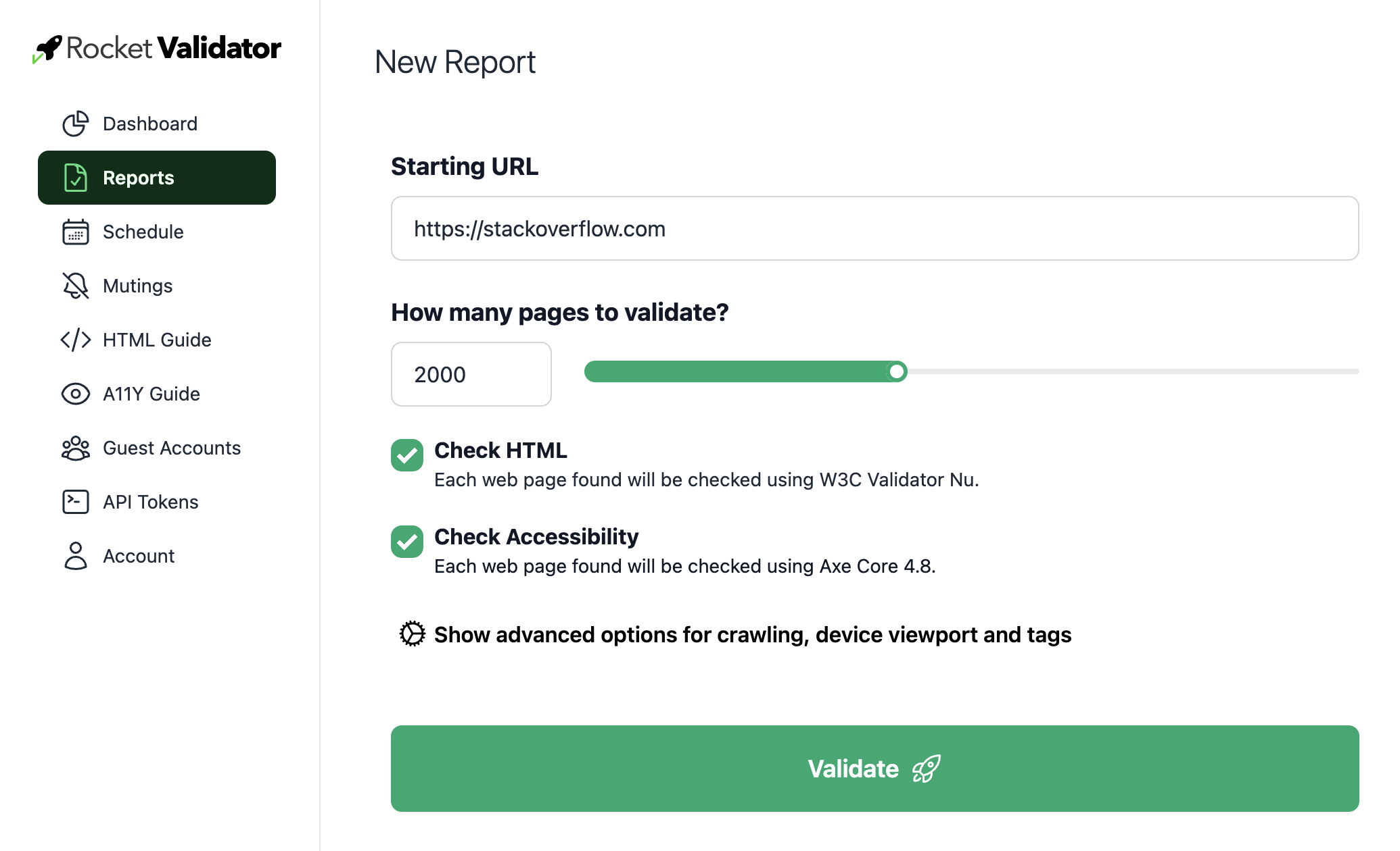 New site validation report screenshot